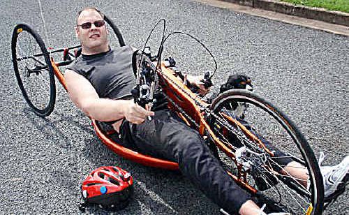 David Warry with his new $8000 hand cycle. David Warry with his new $8000 hand cycle.